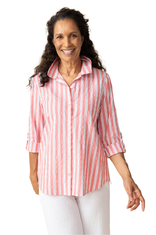 Ribbon Trim Striped High-Low Shirt in Papaya - 11948