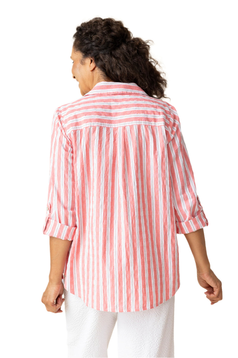 Ribbon Trim Striped High-Low Shirt in Papaya - 11948