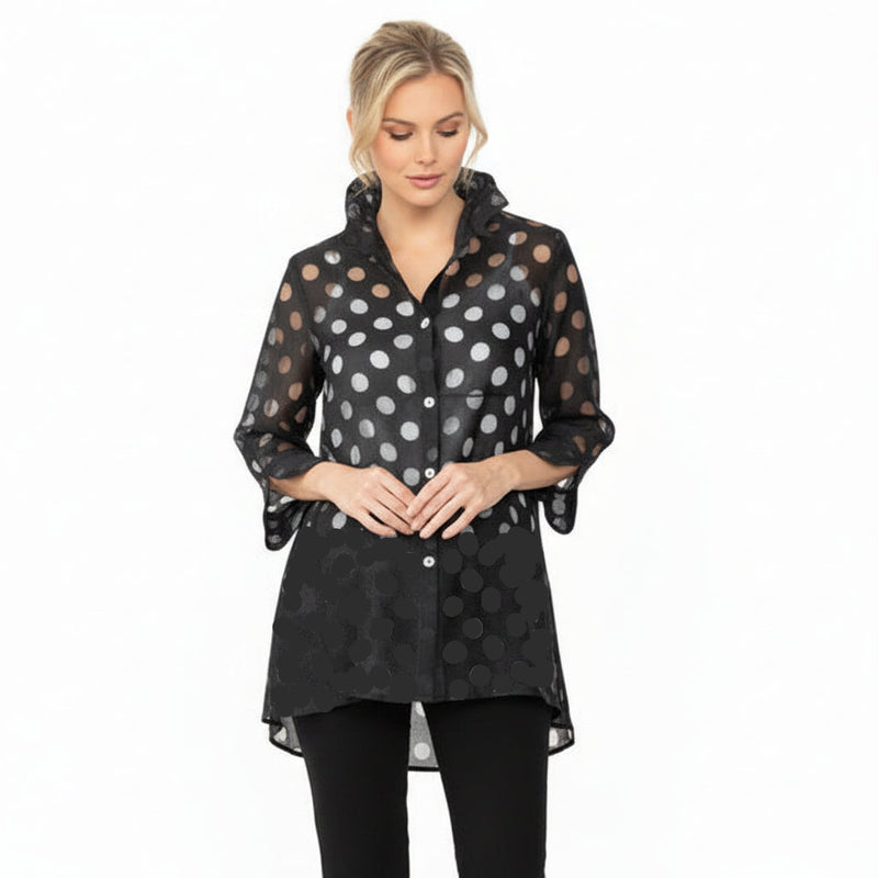 Polka-Dot Sheer High-Low Blouse in Black - 7032J-BLK