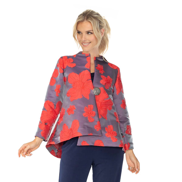 IC Collection Blossom Jacquard Asymmetric Jacket in Red - 4758J-RD