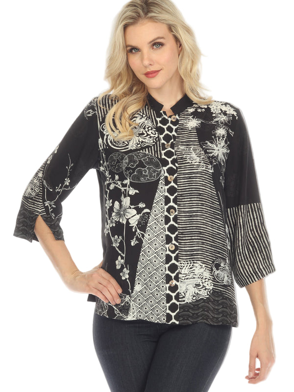 Black & Ivory Artistic Silk-Blend Blouse - 1213BWDB