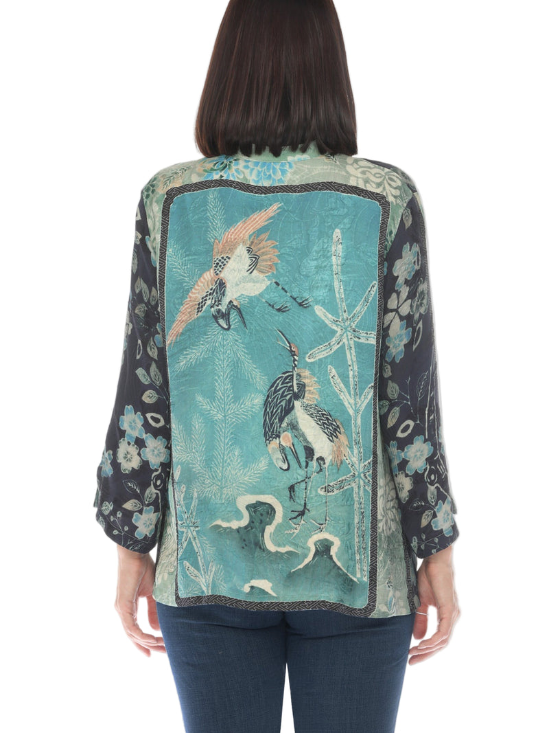 Exquisite Crane-Print Floral Silk-Blend Blouse - 1213CBF