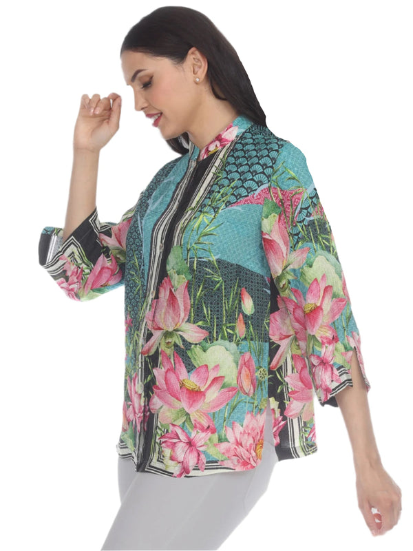 Citron Lotus Print Silk Blouse in Teal Multi - 1213LFB - Sizes XL & 0X Only!