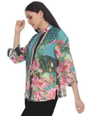 Citron Lotus Print Silk Blouse in Teal Multi - 1213LFB - Sizes XL & 0X Only!