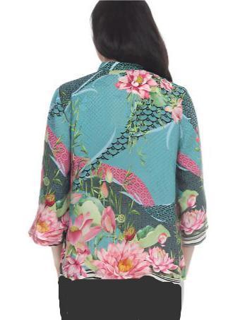 Citron Lotus Print Silk Blouse in Teal Multi - 1213LFB - Sizes XL & 0X Only!