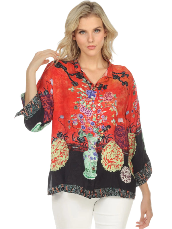 Asian Inspired Art Print Blouse in Red/Multi - 1213LMT