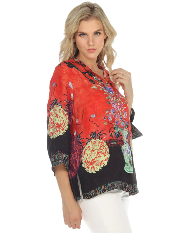 Asian Inspired Art Print Blouse in Red/Multi - 1213LMT