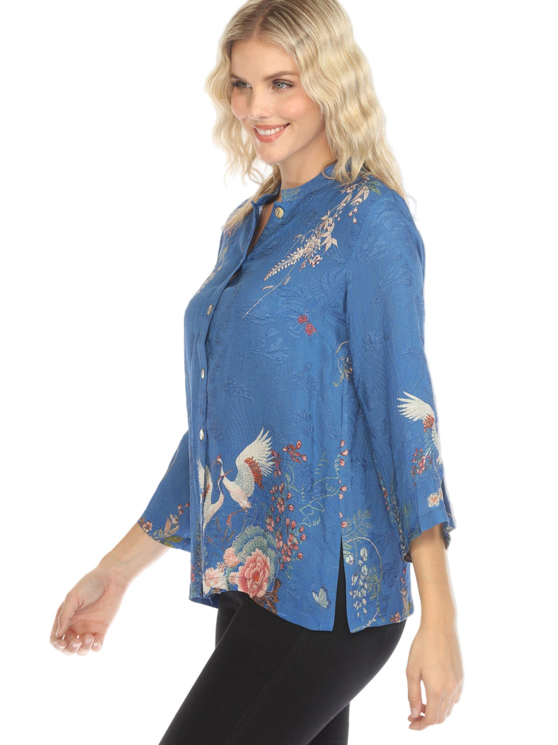 Wisteria, Butterflies & Crane Silk-Blend Blouse - 1213WBCB