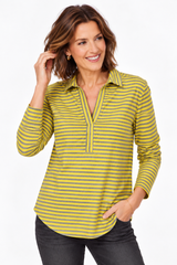 Striped Split V-Neck High-Low Top - 23544