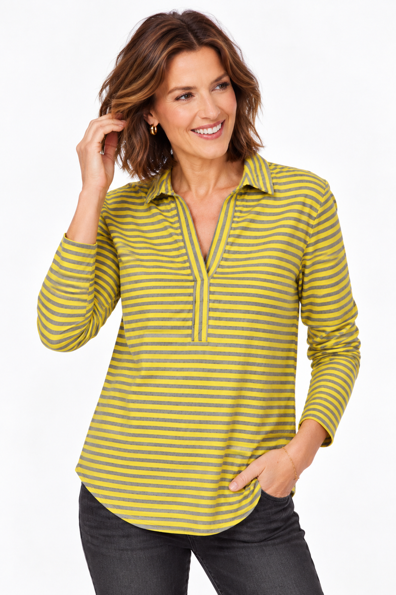 Striped Split V-Neck High-Low Top - 23544