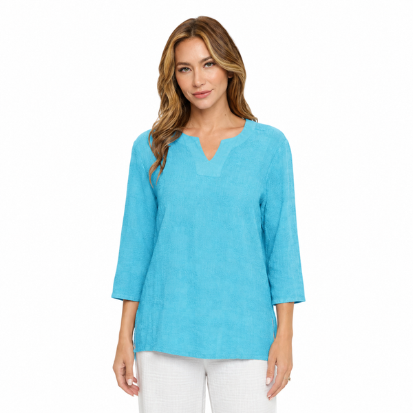 Embroidered Mineral-Washed Cotton Top in Turquoise - C630-TQ