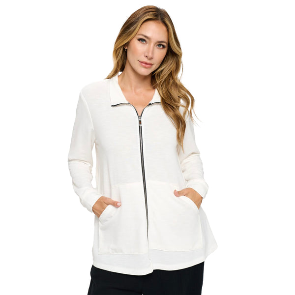 French Terry Knit Zip Front Jacket in Ivory - RN-111-IVO