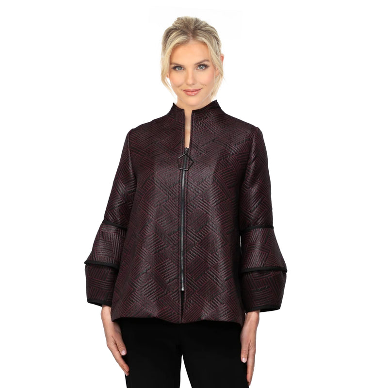 Textured Jacquard Zip Jacket in Wine & Black - 7366J