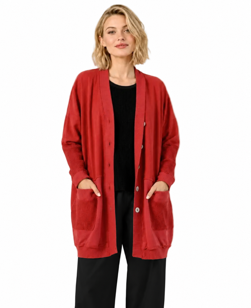 Fleece & Waffle Knit Long Cardigan in Rose - C47041