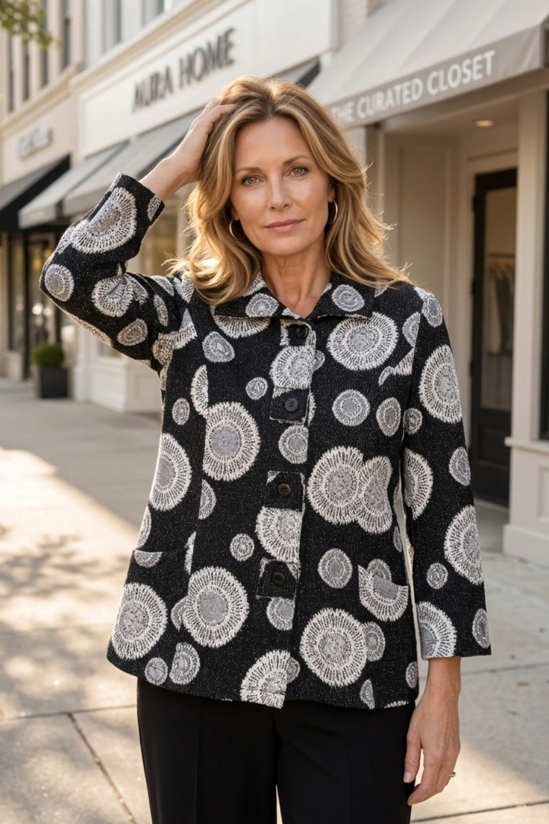 Textured Circle Print Patch-Button Jacket - 13640