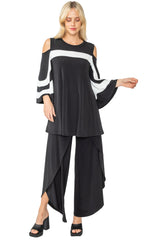 Bold Stripe Open-Shoulder Tunic in Black & White -1381T-BK