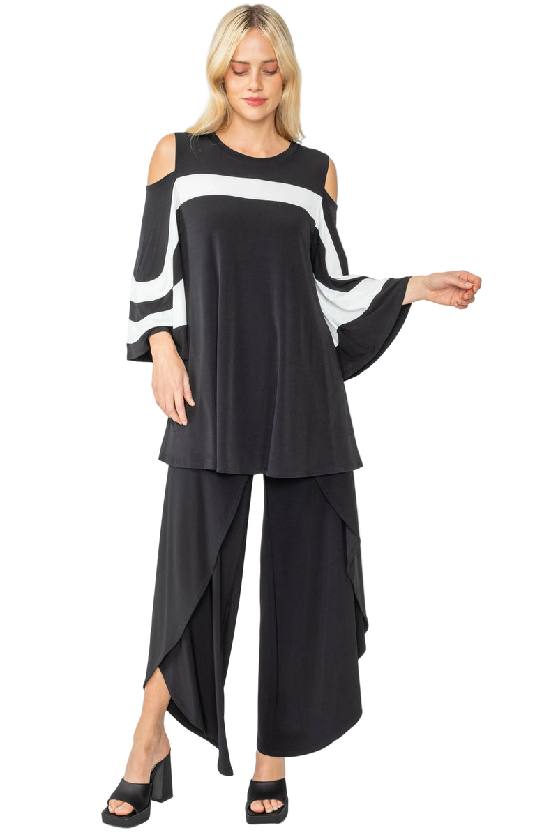 Bold Stripe Open-Shoulder Tunic in Black & White -1381T-BK