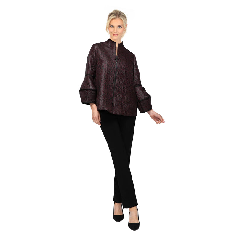 Textured Jacquard Zip Jacket in Wine & Black - 7366J