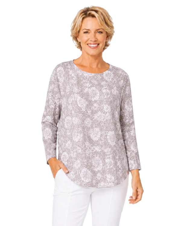 Abstract Shell Batik Print Top in Fog  - 14204-FG - Sizes XS & S Only!
