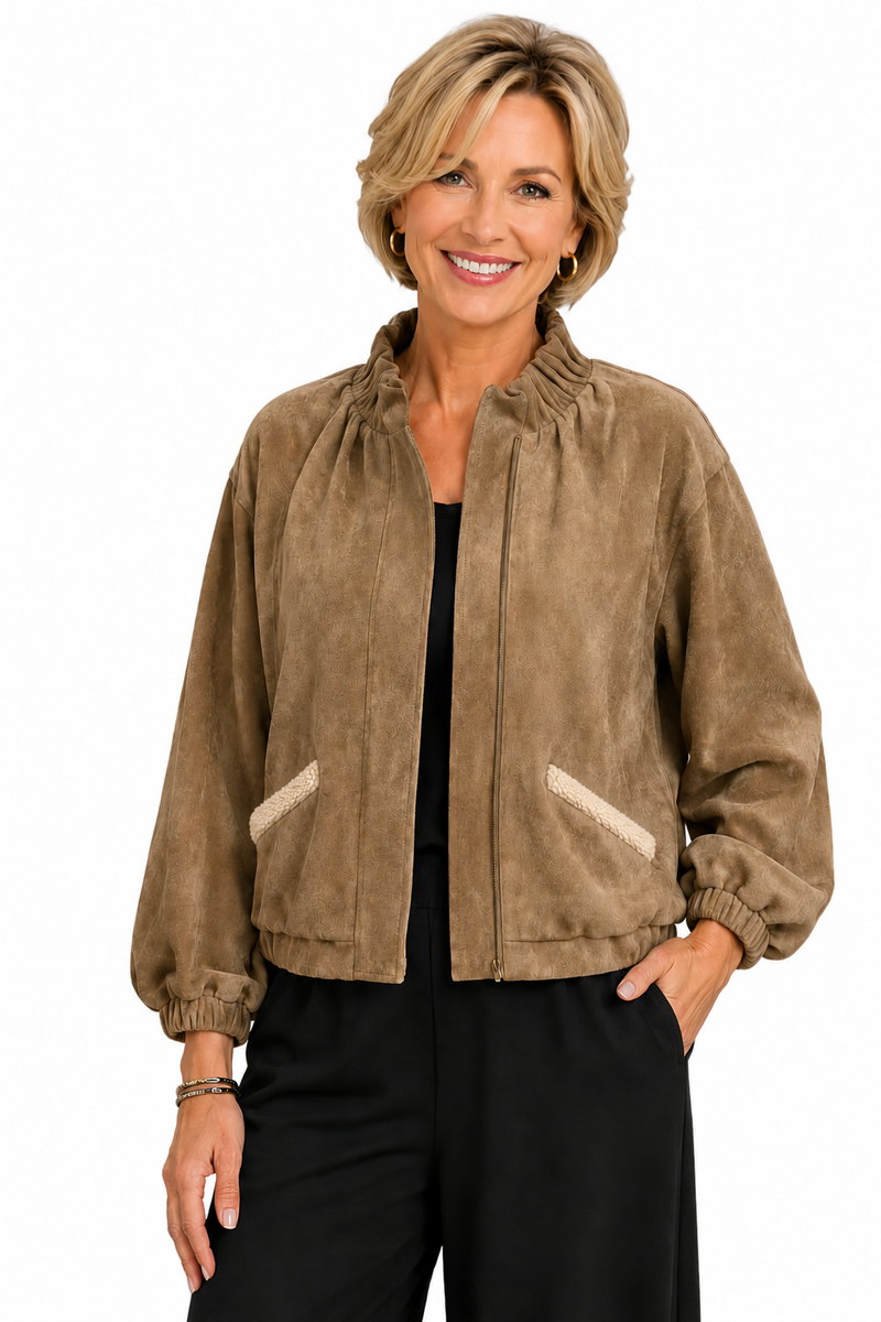 Soft Vegan Suede Zip-Front Jacket in Beige - 5125-BGE