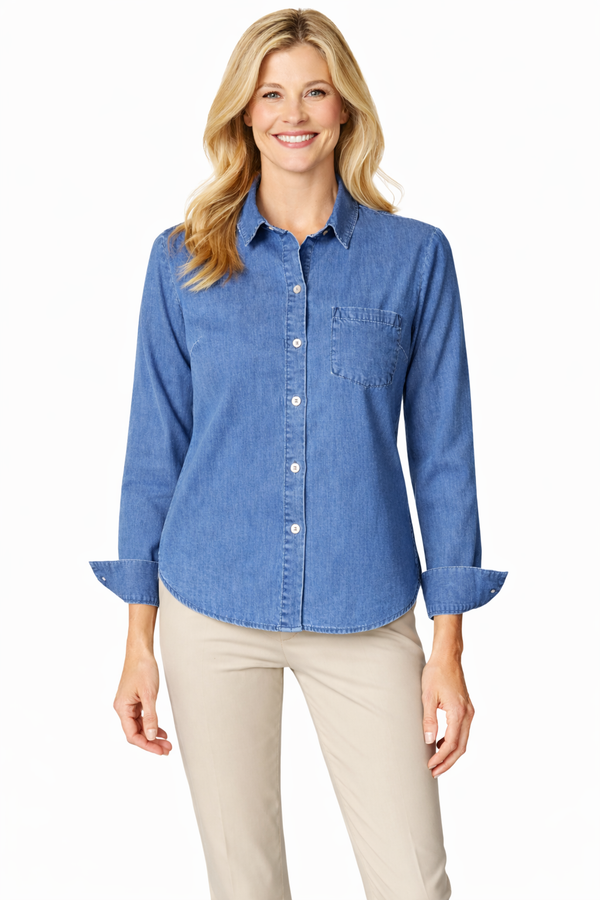 Lightweight Stretch Cotton Shirt in Denim Blue - 15224 - Sizes S & L Only!