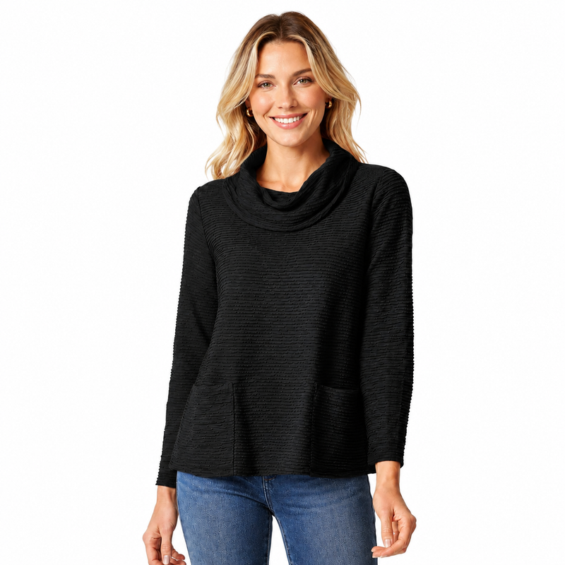 Textured Cowl Neck Pocket Top in Black - 16010-BLK - Size XS Only!
