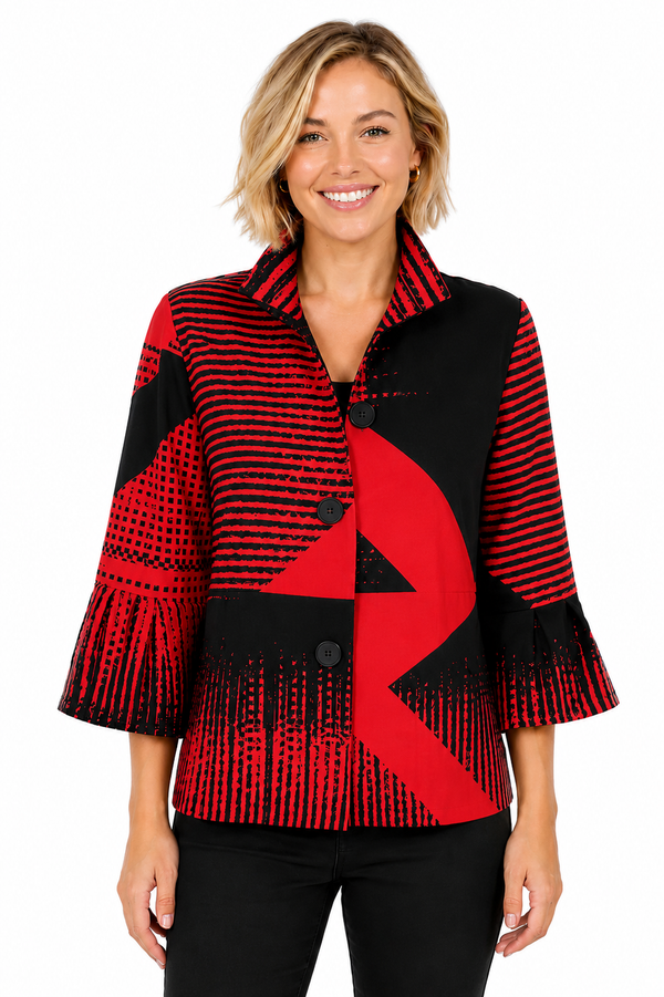 Geometric Print Jacket in Red & Black - 5003-RED