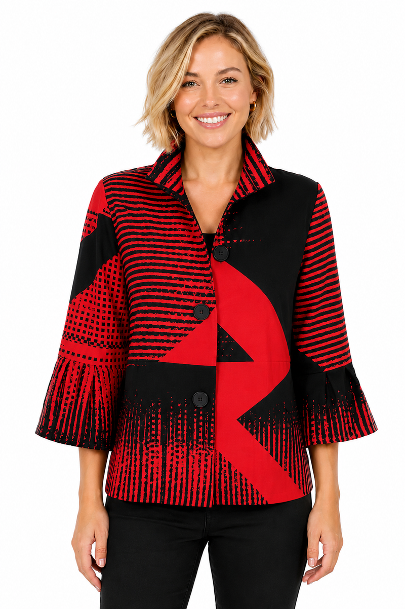 Geometric Print Jacket in Red & Black - 5003-RED
