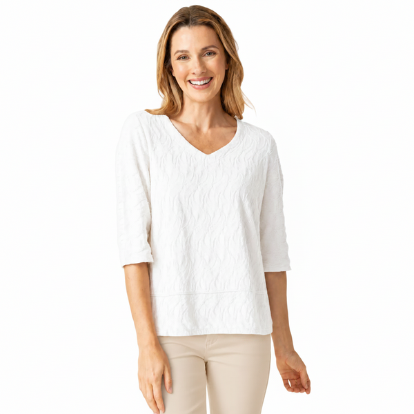 Textured Cotton Elbow Sleeve Top in White - 16315-WHT - Size XXL Only!