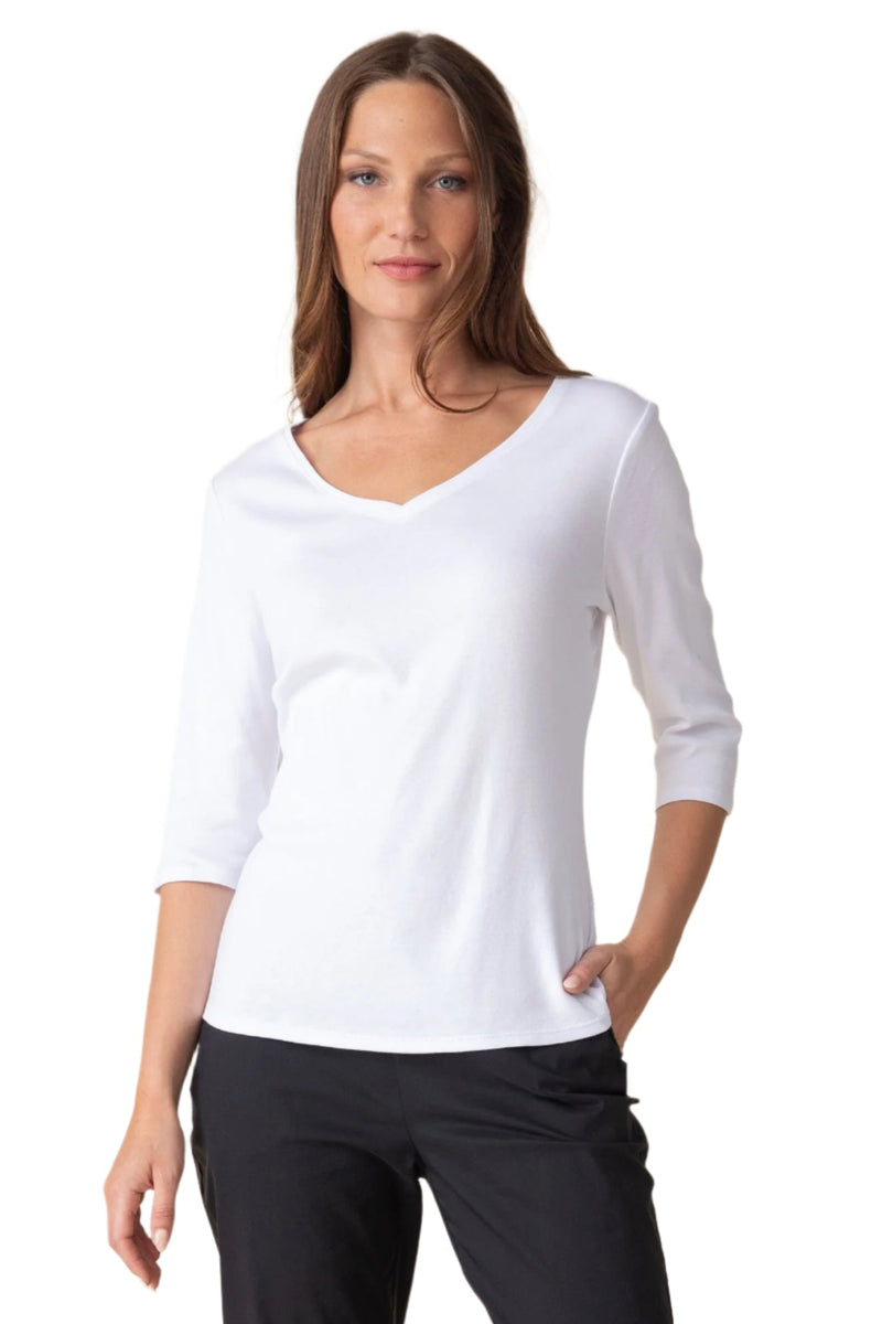 Cozy Rib V-Neck Cotton Tee in White - 16450-WHT