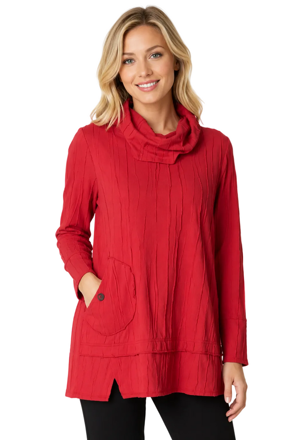 Textured Cowl-Neck Pocket Tunic in Brick - 16529 - Size L Only!