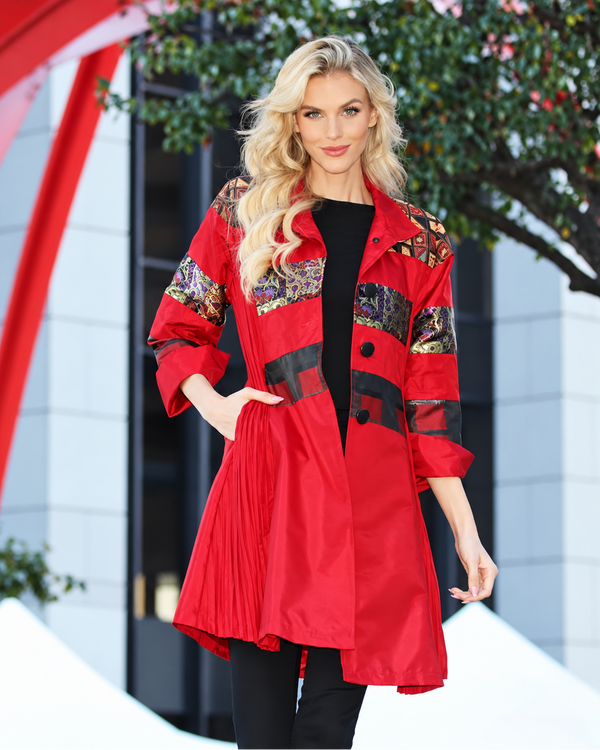 Mixed-Media Pleated Tunic Dress in RED - C2648-2
