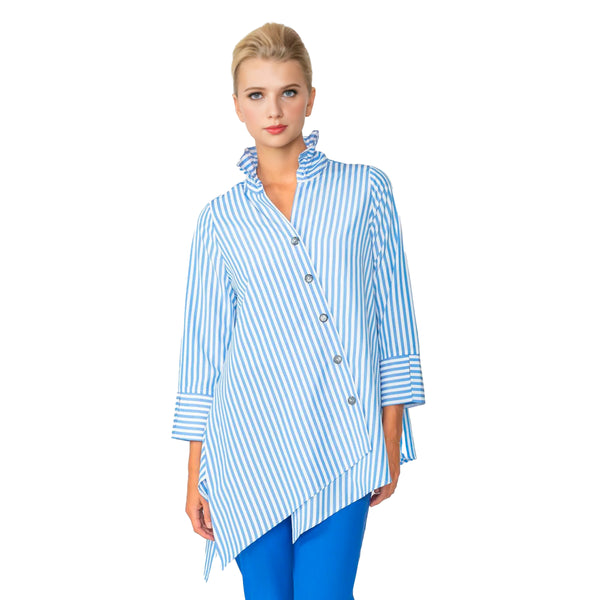 IC Collection Striped Asymmetric Shirt in Blue & White - 4692B