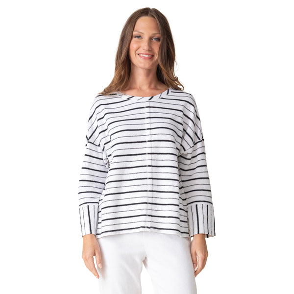 French Terry Striped Crew Neck Top - 85306-WHT