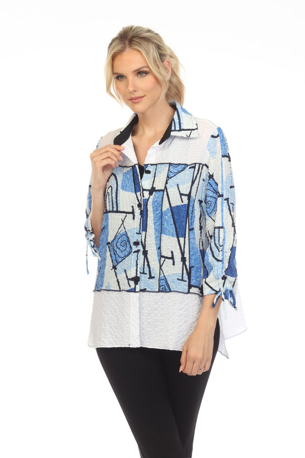 Textured Abstract-Print High-Low Blouse in Blue, White & Black - 3710