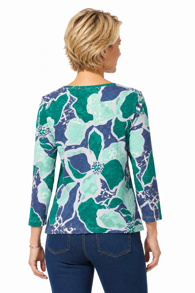 Floral Cotton High-Low Tee in Emerald - 17325-EMLD - Size XS Only!