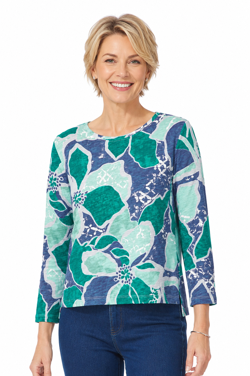 Floral Cotton High-Low Tee in Emerald - 17325-EMLD - Size XS Only!