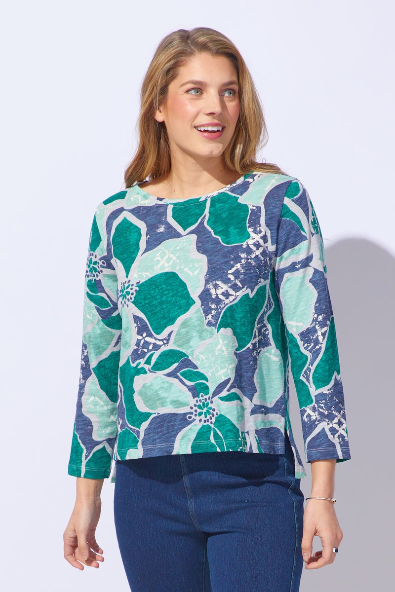 Floral Cotton Club Stepped Hem Boxy Tee - 17325