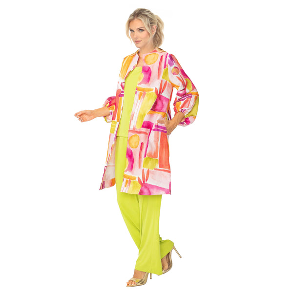 Abstract-Art-Print Open Front Duster in Pink/Multi - 7292J-PNK