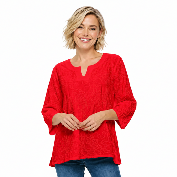 Floral Embroidered Cotton Voile Top in Red - EC420-RD