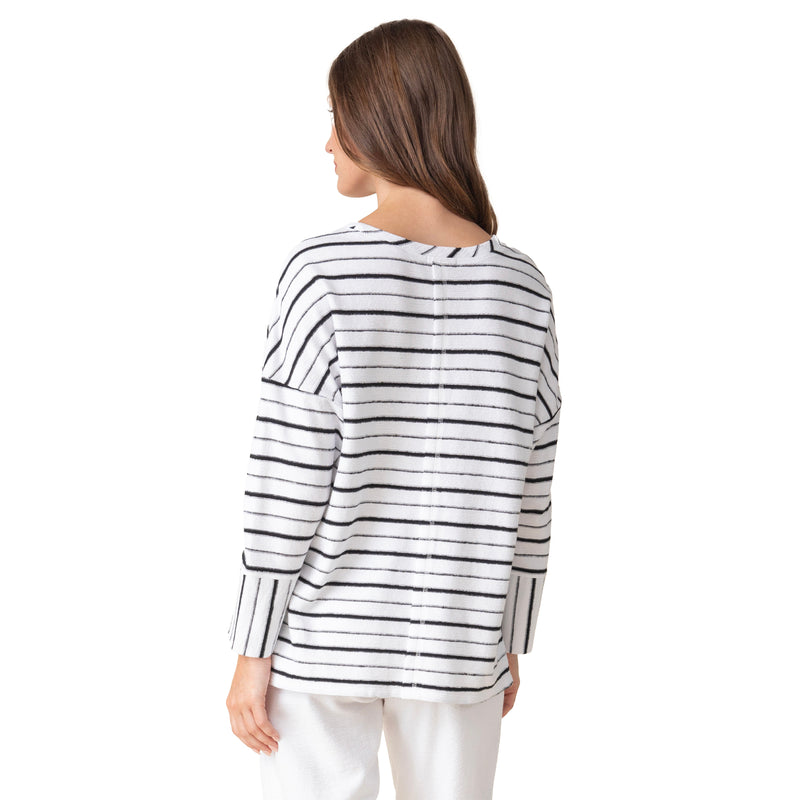 French Terry Striped Crew Neck Top - 85306-WHT