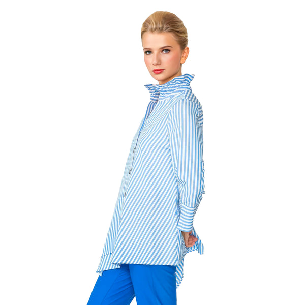 IC Collection Striped Asymmetric Shirt in Blue & White - 4692B