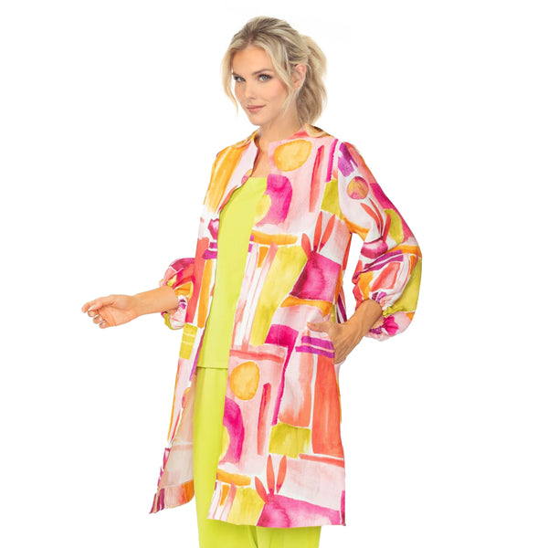 Abstract-Art-Print Open Front Duster in Pink/Multi - 7292J-PNK