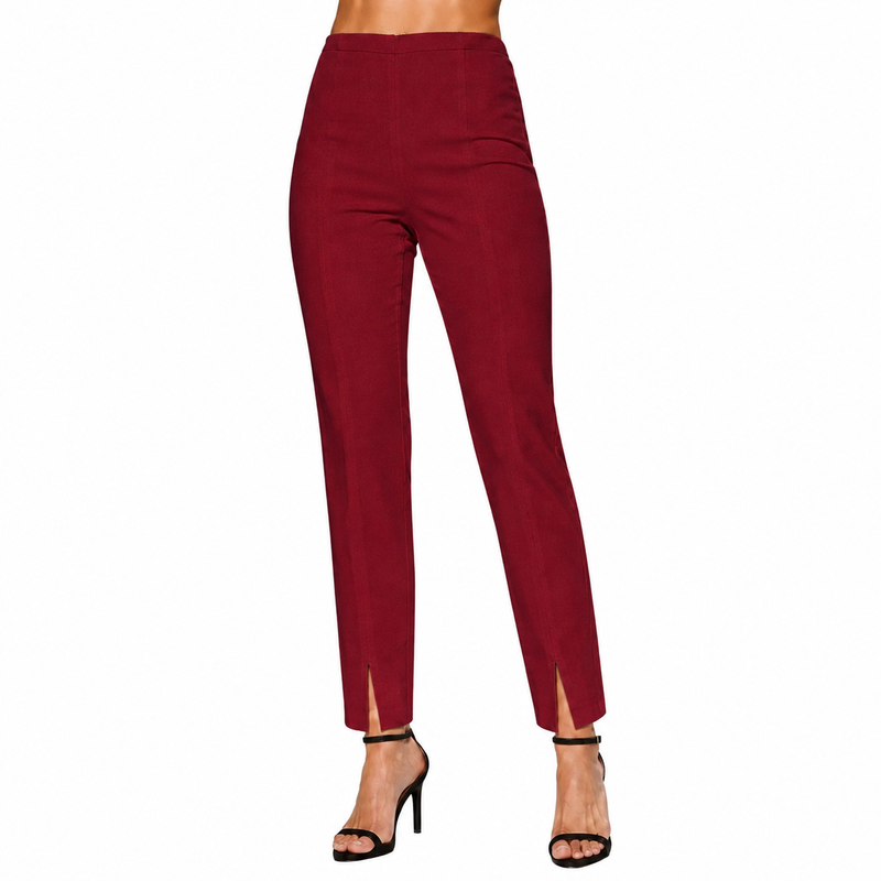 Straight Leg Pants with Front Ankle Slits in Wine - KLA-WN