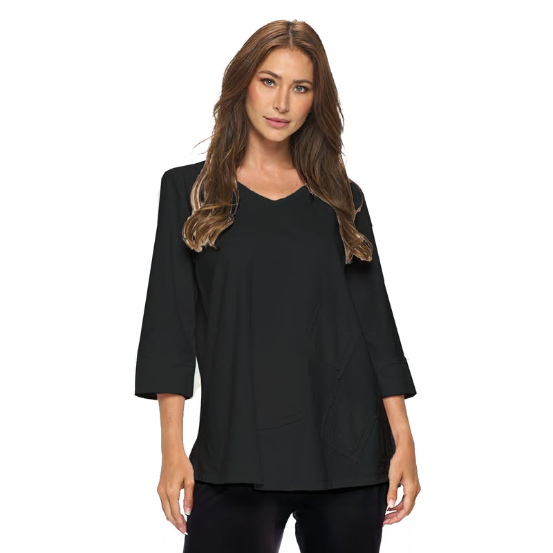 Focus V-Neck Tunic w/ Tonal Square-Shaped Patches in Black - C2002-BK