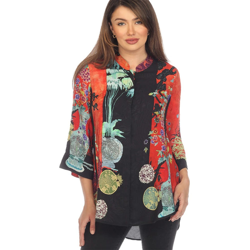 Citron Vintage Japanese Art Print High-Low Blouse in Red/Multi - 2030LMTS