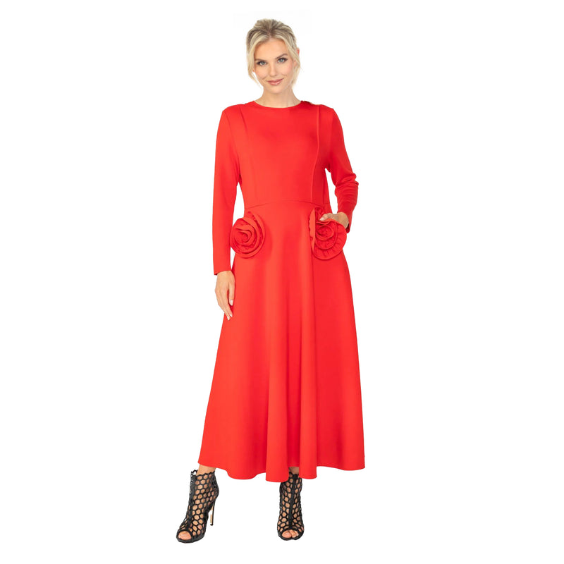 IC Collection 3D Rose Fit & Flare Midi Dress in Red - 6701D-RD