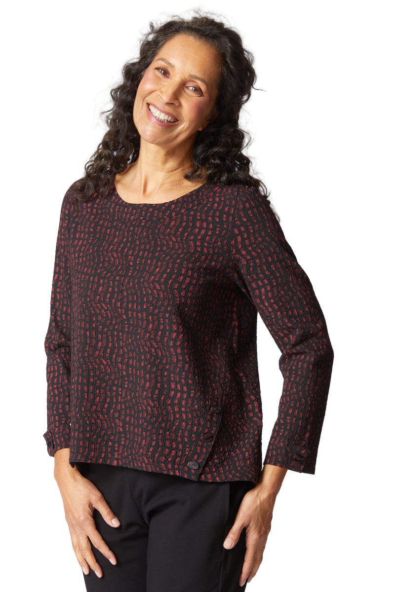 Mosaic Button Placket Top - 21748 in Wine - Front View