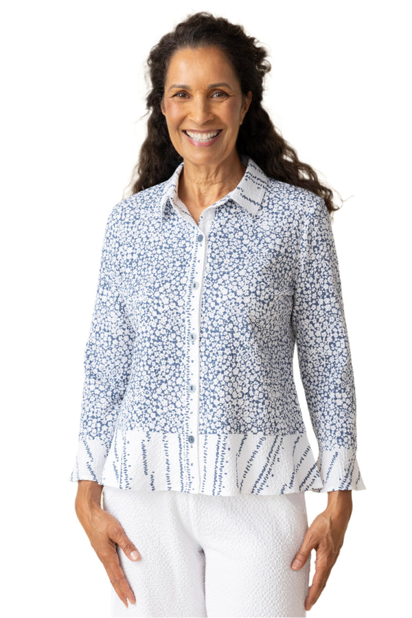 Floral-Print Flounce Shirt in White/Blue - 21922-WHT