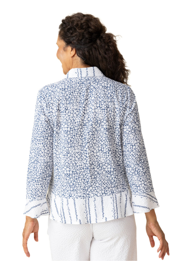 Floral-Print Flounce Shirt in White/Blue - 21922-WHT